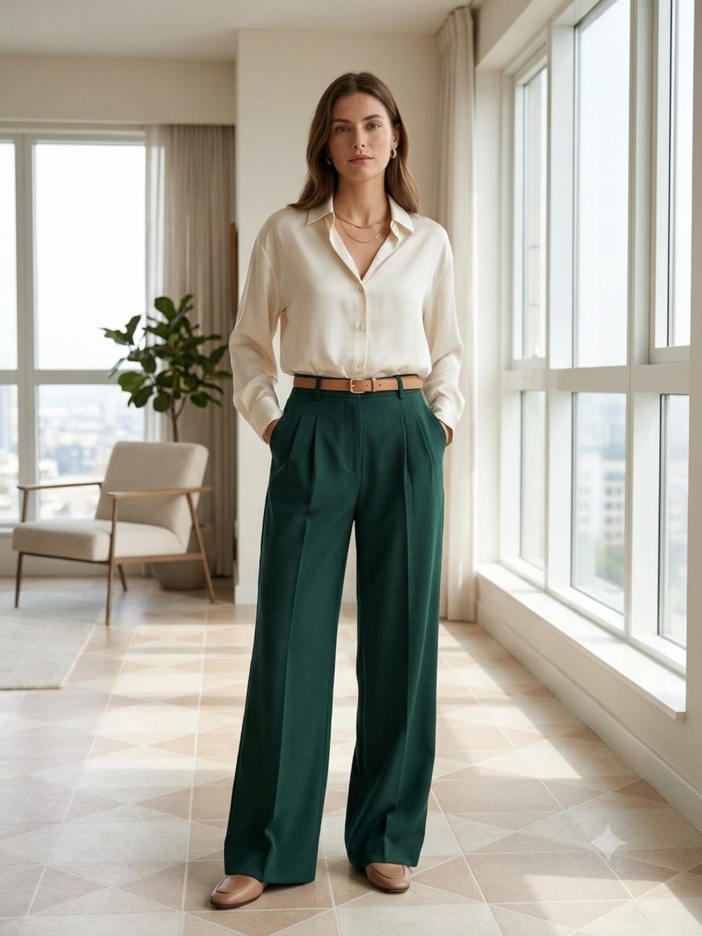Zara Emerald Wide-Leg High-Waist Trousers